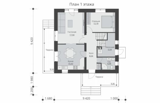 Проект двухэтажного жилого дома с террасами